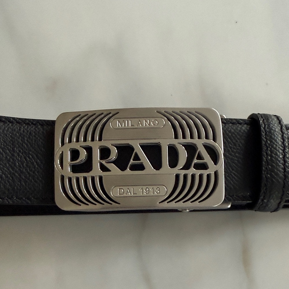 Prada Silver Logo Plate Black Leather Belt